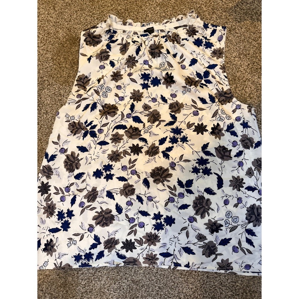 Ann Taylor Factory Womens Large Floral Sleeveless Ruffle Neck Blouse White Navy